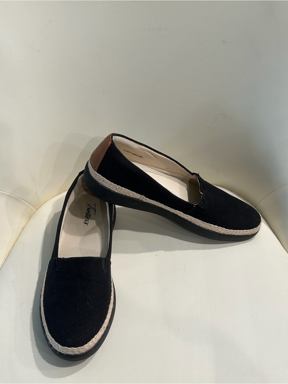 Trotters Black Espadrille Slip-On Flats with Brown Heel Tab